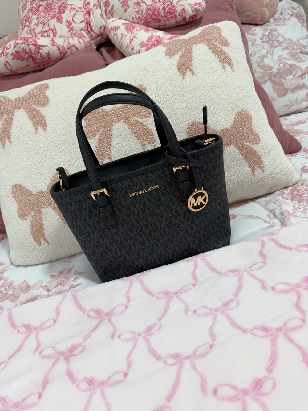 Michael Kors Black Monogram Small Satchel with Gold Hardware